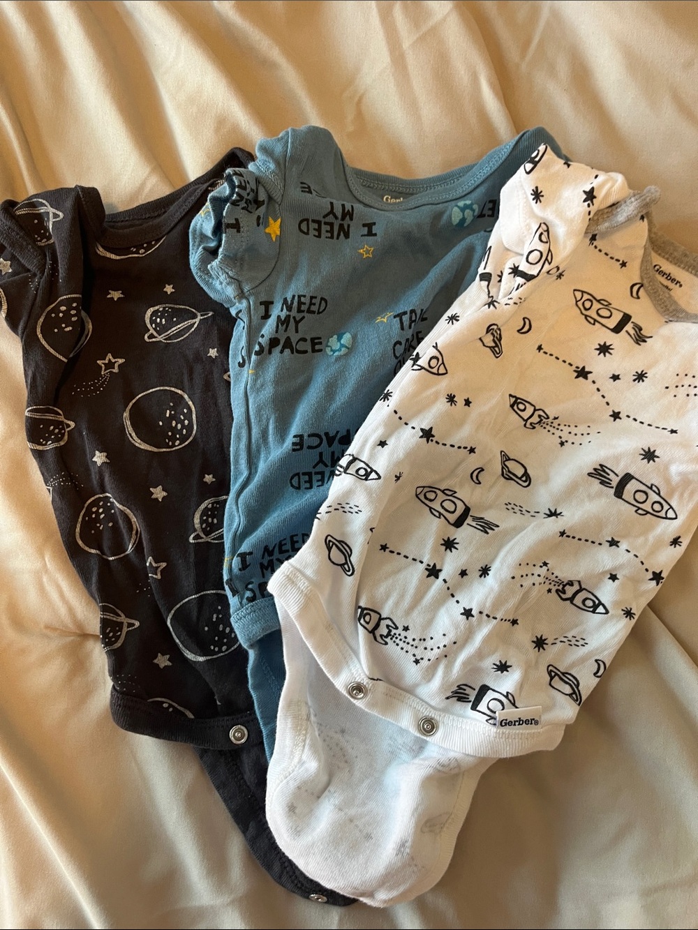 3 Gerber Space Rocket Sleeveless Bodysuits - Black, Blue, White